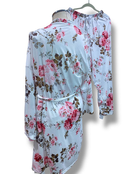 Size 1XL Womens 3 Piece Pajama Set Cami Robe Pants White Rose Print Soft