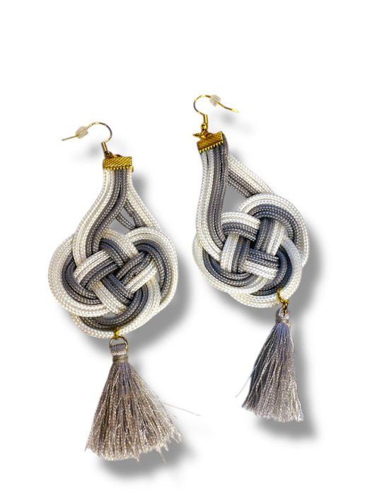 Macrame Boho Earrings Tassel Gray White Fishhook 4.75" Drop