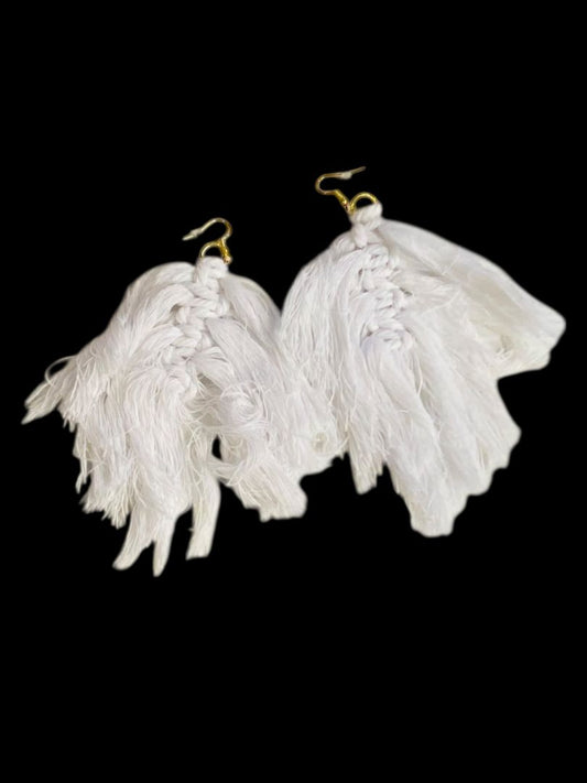 White Statement Fishhook Pierced Earrings Macrame Oversize 5.5" Drop