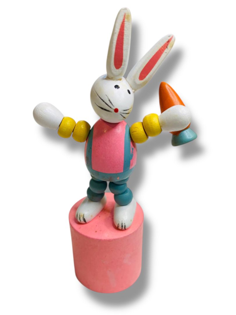 Wooden Push Puppet Collapsing Toy Easter Bunny Rabbit 4.5"