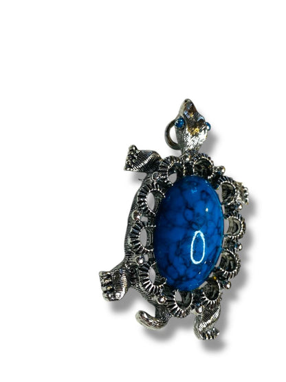 Vintage Signed Gerrys Brooch Pin Turtle Silvertone Turquoise Pendant 2.1"