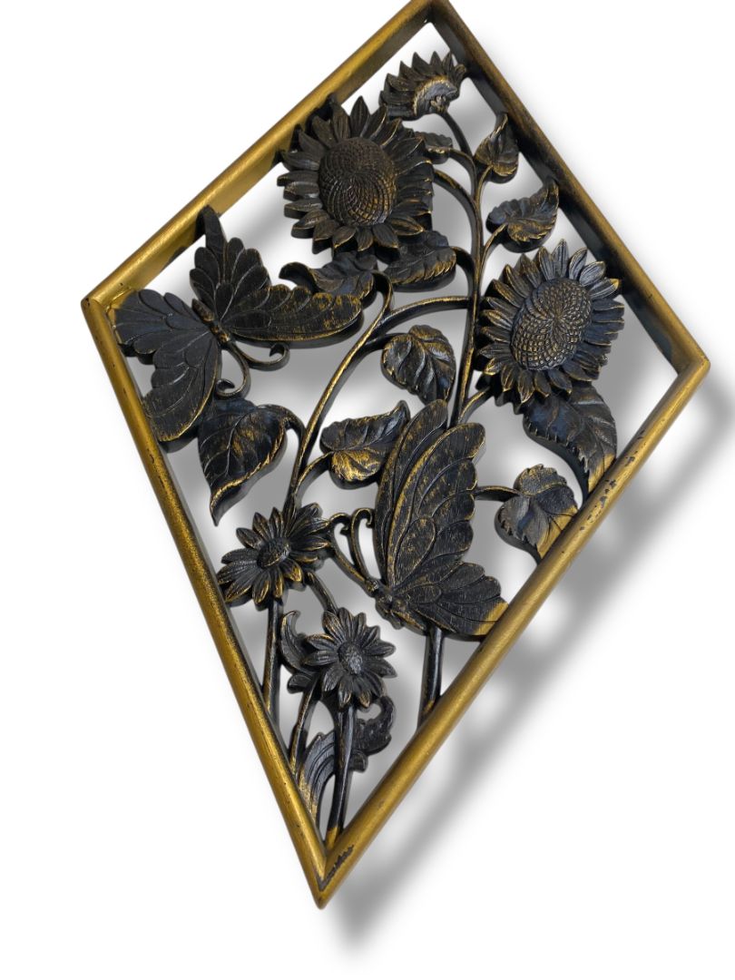 1970s Burwood Homco Wall Plaque Butterfly Flower Diamond 16.75"h x 10.25"