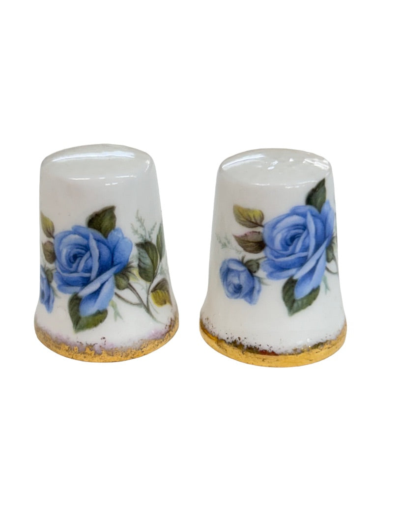 Royal Crown Porcelain Decorative Thimbles Set of 2 Blue Rose Gold Trim