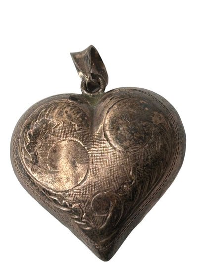 Vintage Silver Puffy Heart Pendant Etched Design 1.25"