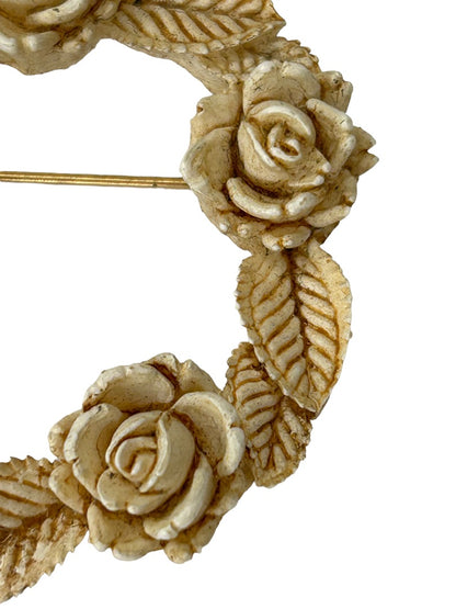 Brooch Pin Vintage 1960s Resin Rose Wreath Antiqued White 2" Diameter