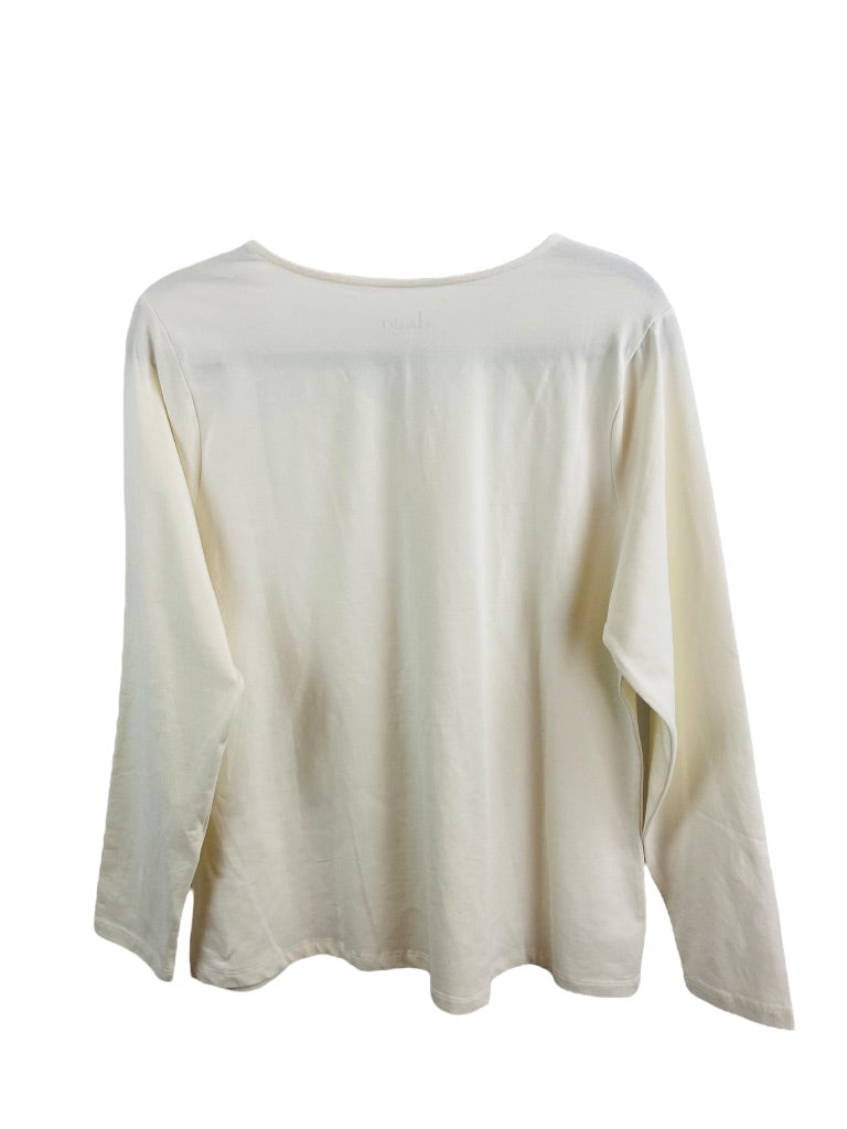 XL D & Co Women's V-Neck Embroidered Neckline Ivory Color Long Sleeve Tshirt