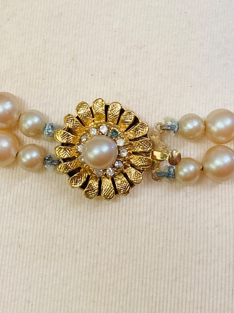 Double Strand Hand Knotted Vintage 7.7 mm Faux Pearl Dual Strand Necklace Daisy Clasp 16"