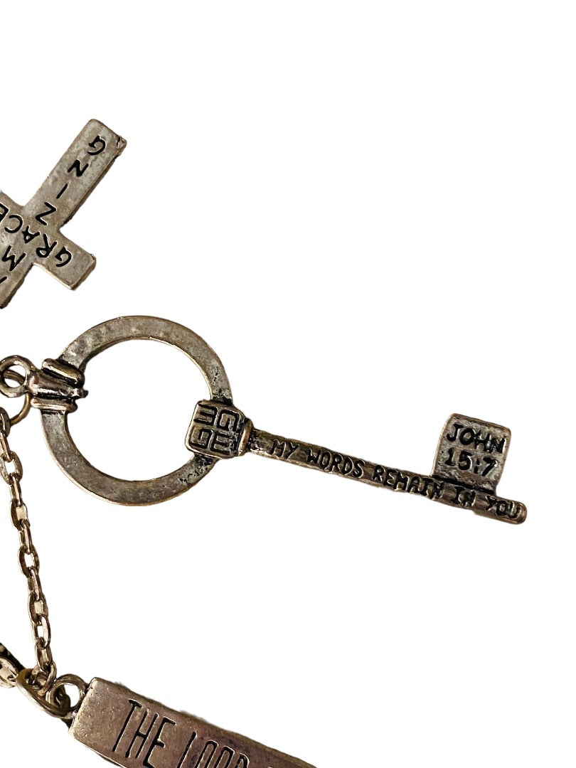 Christian Necklace Silvertone 3 Pendant Cross Key Amazing Grace Religious Lobster Clasp 36" Chain