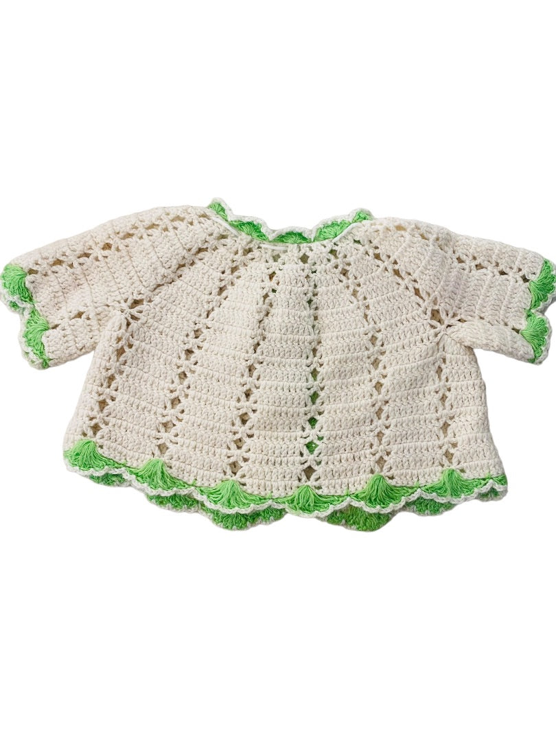 Vintage Hand Crocheted Baby Sweater Cream Green Trim Tie Closure Cardigan 12-24 Mos