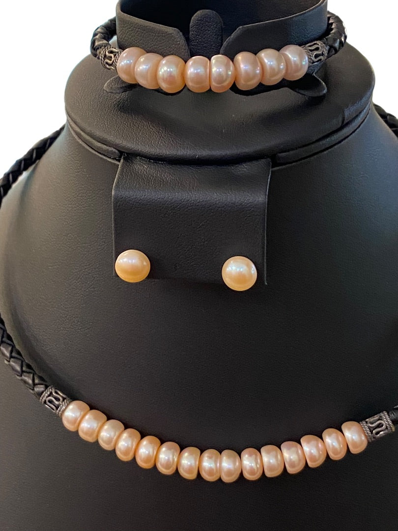 New Jewelry Set 8mm Pink Pearls Bracelet Earrings Necklace Braided Black Leather 925 Sterling Silver