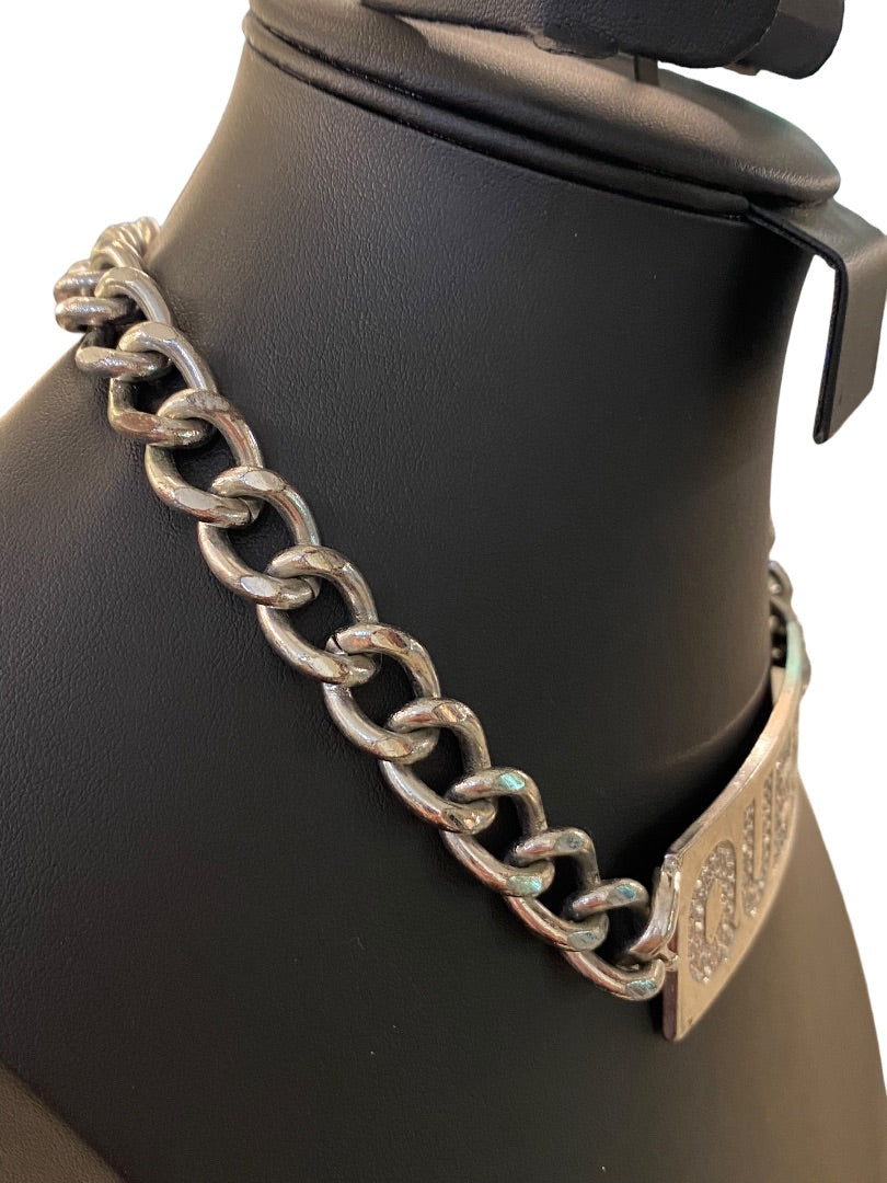 "QUEEN" Silvertone Embellished Chunky ID Style Choker Necklacce 16"