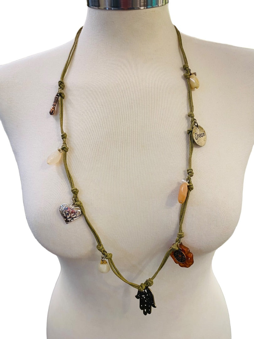 Charm Necklace Boho Eclectic Style Tied Knots Lobster Clasp 34"l Hamso Dreeam Stones