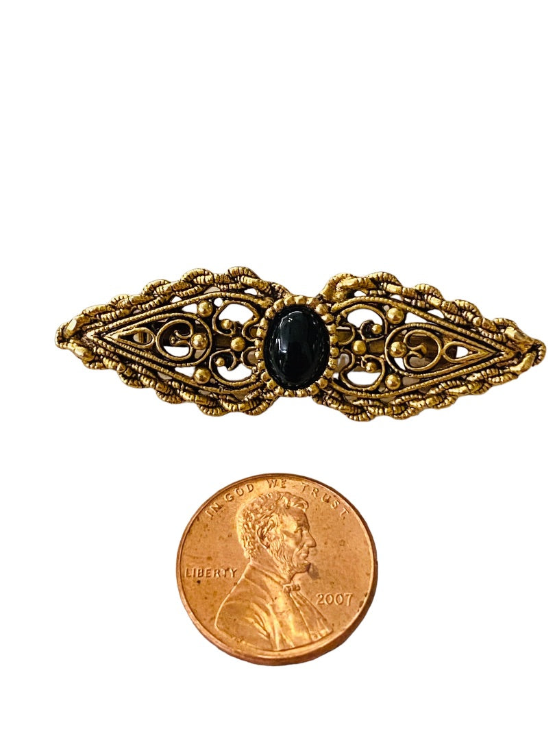 Vintage Victorian Style Brooch Goldtone Black Pin Filigreee Intricate 2" Length