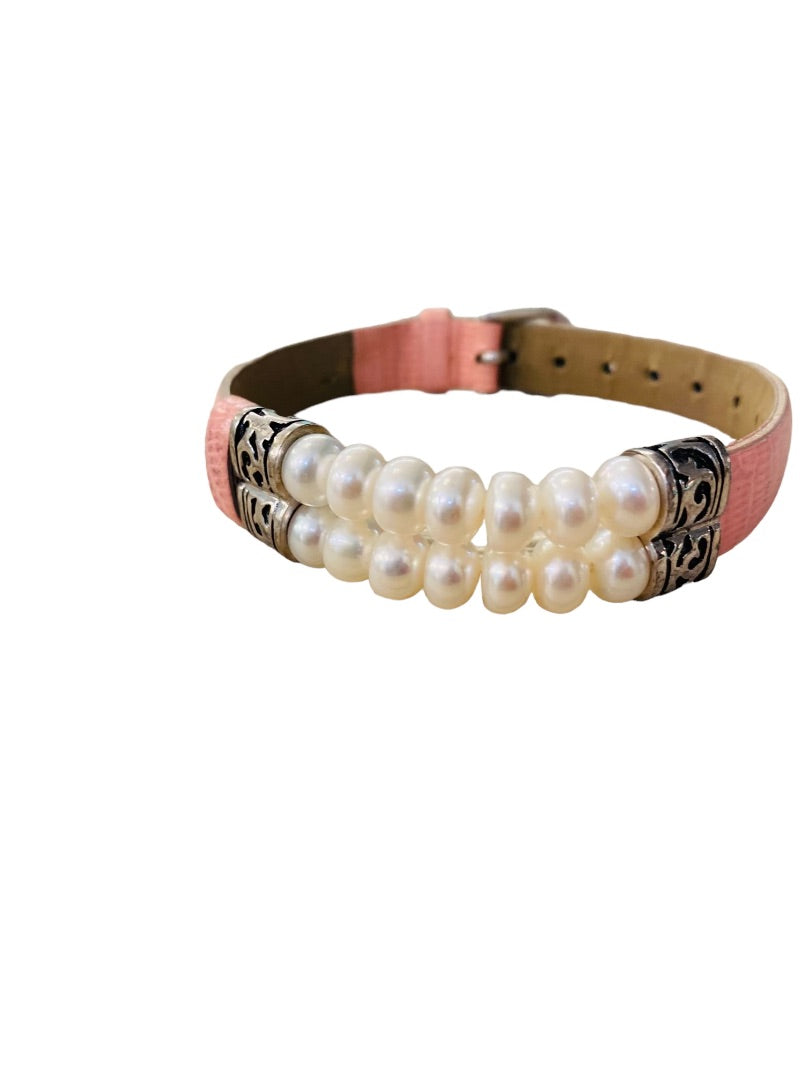 Honora Pearl and Pink Leather Bracelet Adjustable Buckle Closure Double Strand