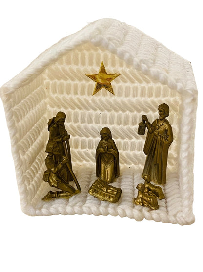 Vintage Cross Stitch Dimensional Manger Nativity Set Tabletop 3.5"h x 3"w Plastic Figures