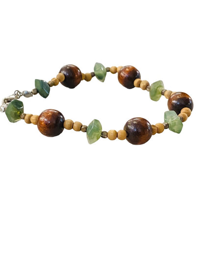 Wood Bead and Green Stone Bracelet 9" Lobster Clasp Lightweight Boho Style