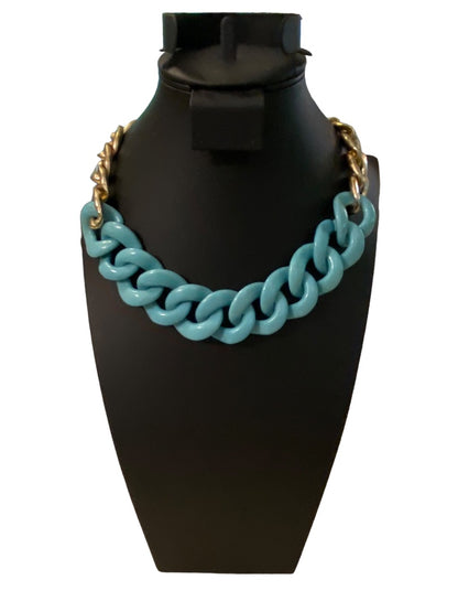 Chunky Acrylic Faux Turquoise and Goldtone 18-21" Statement Necklace