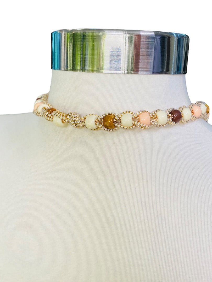 Braided Plastic Bead Necklace 32" Overhead Goldtone Pink Brown Lightweight 5" Tassel