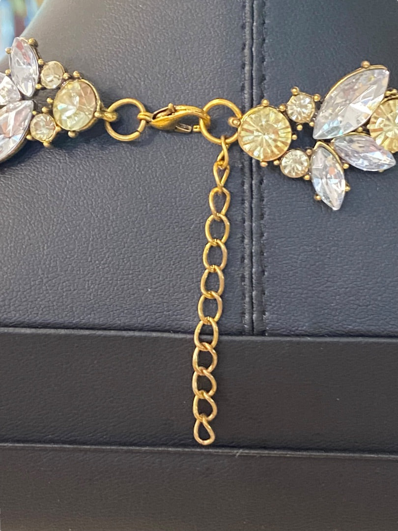 Goldtone Statement Necklace Vine Design Green Clear Faceted Jewels 16-18" Lays Flat