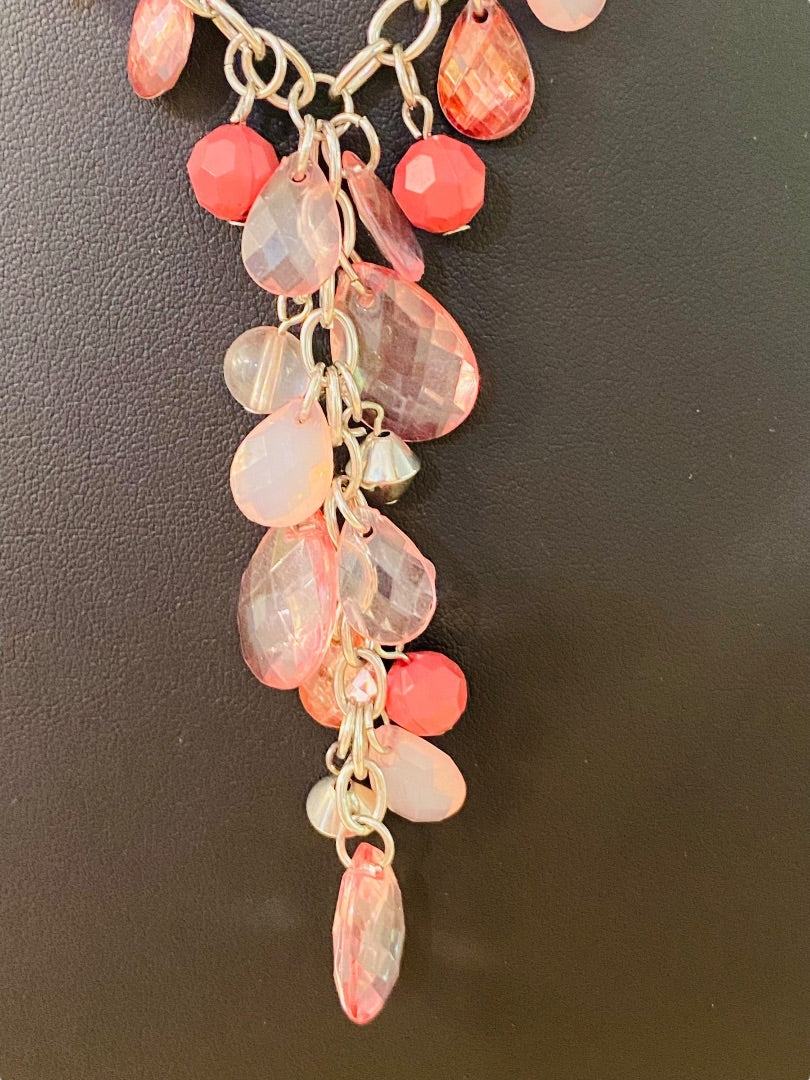 Silvertone Necklace Pink and Mauve Acrylic Faceted Beads 16-19" with 3" Drop