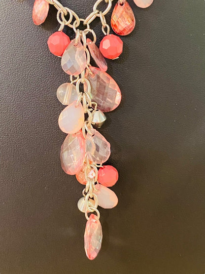 Silvertone Necklace Pink and Mauve Acrylic Faceted Beads 16-19" with 3" Drop