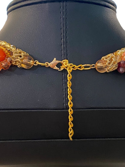 Vintage Twist Multistrand Acrylic Beaded Necklace 18-21" Orange Brown Lobster Clasp