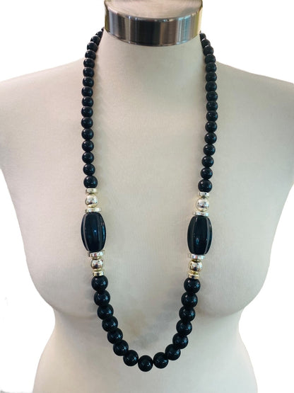 Chunky Black Graduated Bead Necklace Vintage 1990s Silvertone 35" Spring Clasp