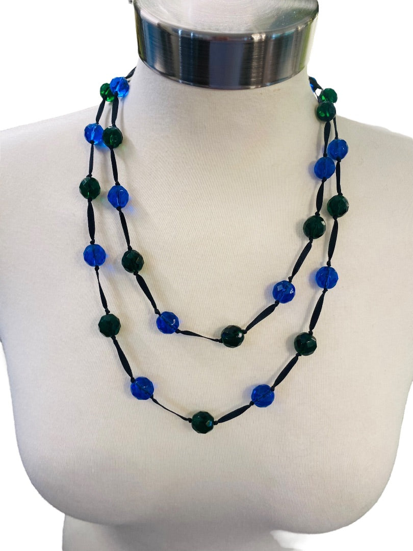 Blue Green Black Knotted Ribbon Necklace Faceted Beads 48" Oversize Spring Clasp
