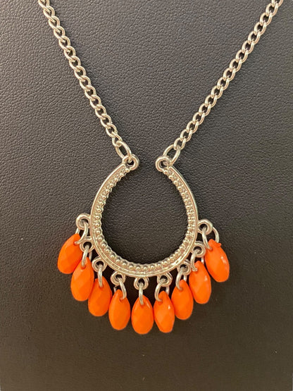 Silvertone 22" Necklace Coral Acrylic Beaded Attached Pendant Necklace