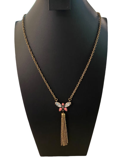 Goldtone Tassel Butterfly 31" Necklace 3.75" Drop Lobster Clasp