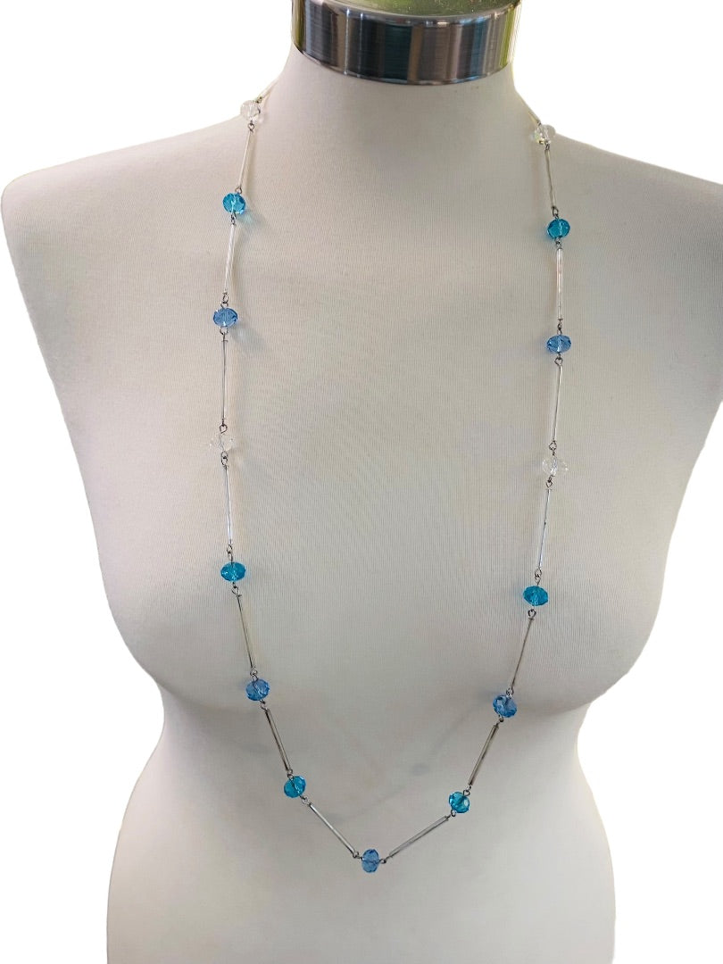 Silvertone Blue Aqua Beaded Overhead 36" Strand String Necklace