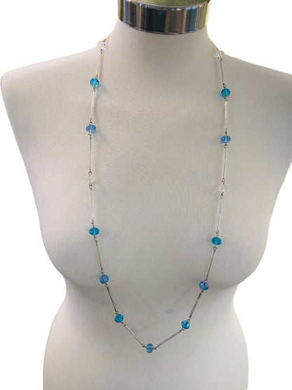 Silvertone Blue Aqua Beaded Overhead 36" Strand String Necklace