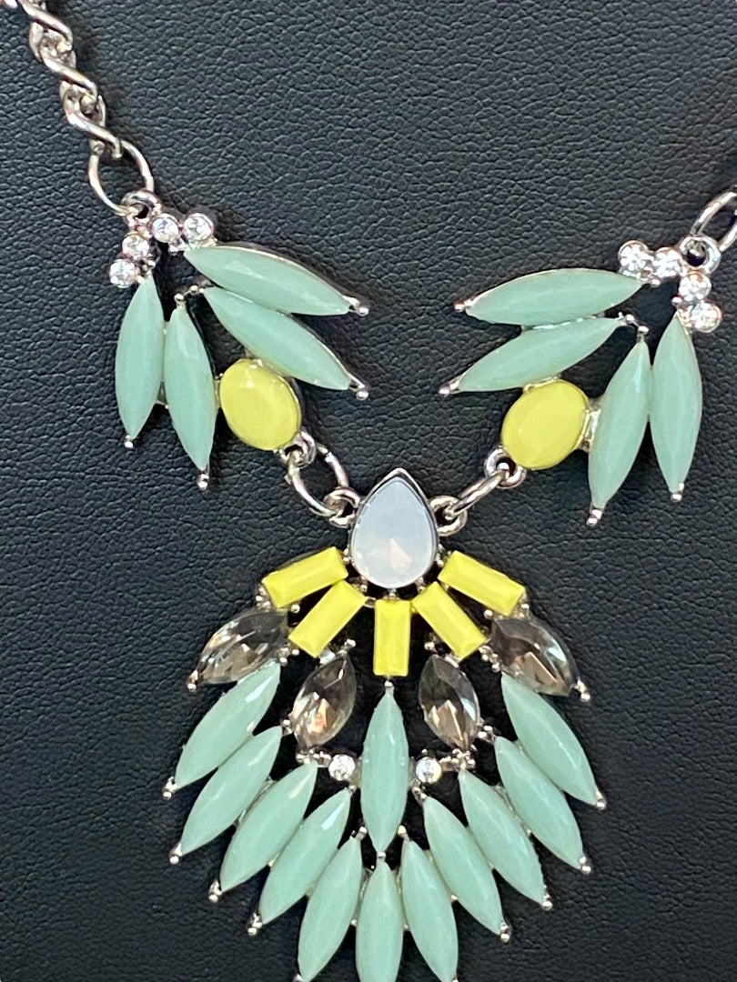 Silvertone Green Yellow 18-19" Statement Necklace Beaded Green Yellow