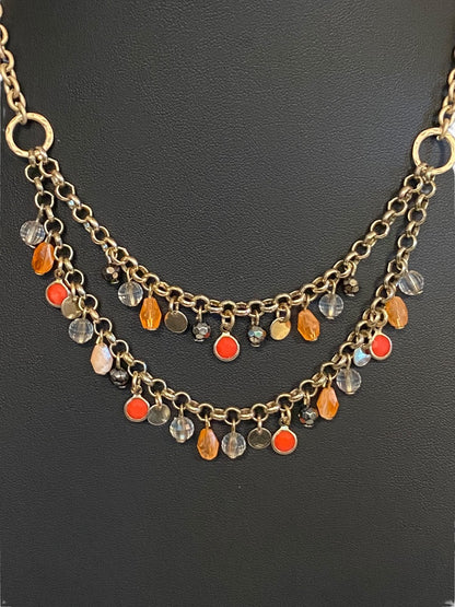 Brushed Goldtone Beaded Double Strand Necklace 17.5"Beaded 3" Drop