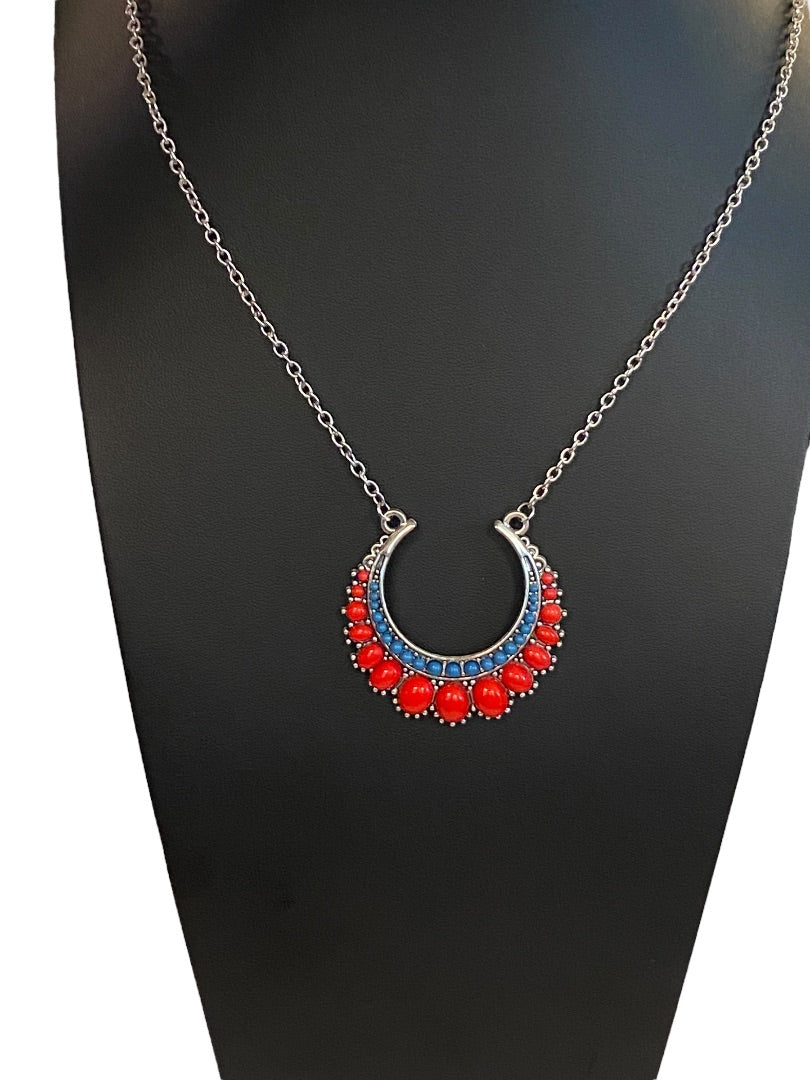 Silvertone Pendant Necklace Statement 33" Red Teal Beaded Pendant (2")