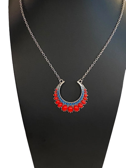 Silvertone Pendant Necklace Statement 33" Red Teal Beaded Pendant (2")