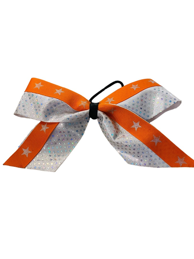 Girls Oversize Hair Bow 8" Elastic Ponytail Silver Orange Star Print