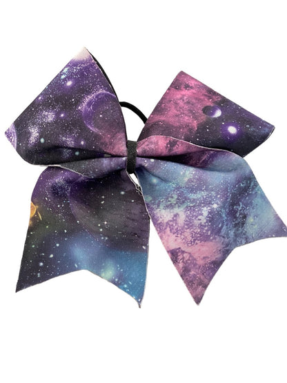 Girls Oversize Hair Bow 6" Elastic Ponytail Galaxy Print Blue Pink Purple