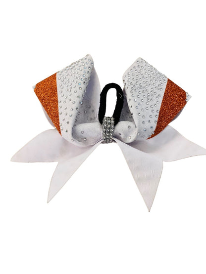 Girls Oversize Hair Bow 7" Elastic Ponytail Holder White Orange  Bejeweled