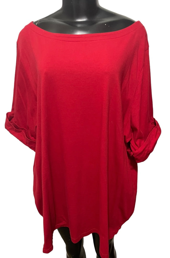 2X (26/28) Woman Within Red Short Sleeve Top Thsirt Cuffed Sleeve