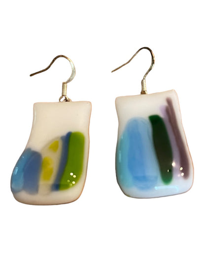 Color Fused Glass Fishhook Earrings Blue Green 1.25" Drop Dangle