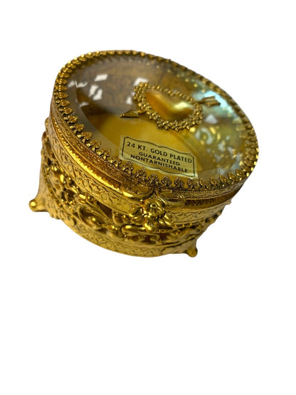 1960s Ormolu Gold Heart 24K Gold Plated 3" Round Jewelry Trinket Box New Carters Scranton PA