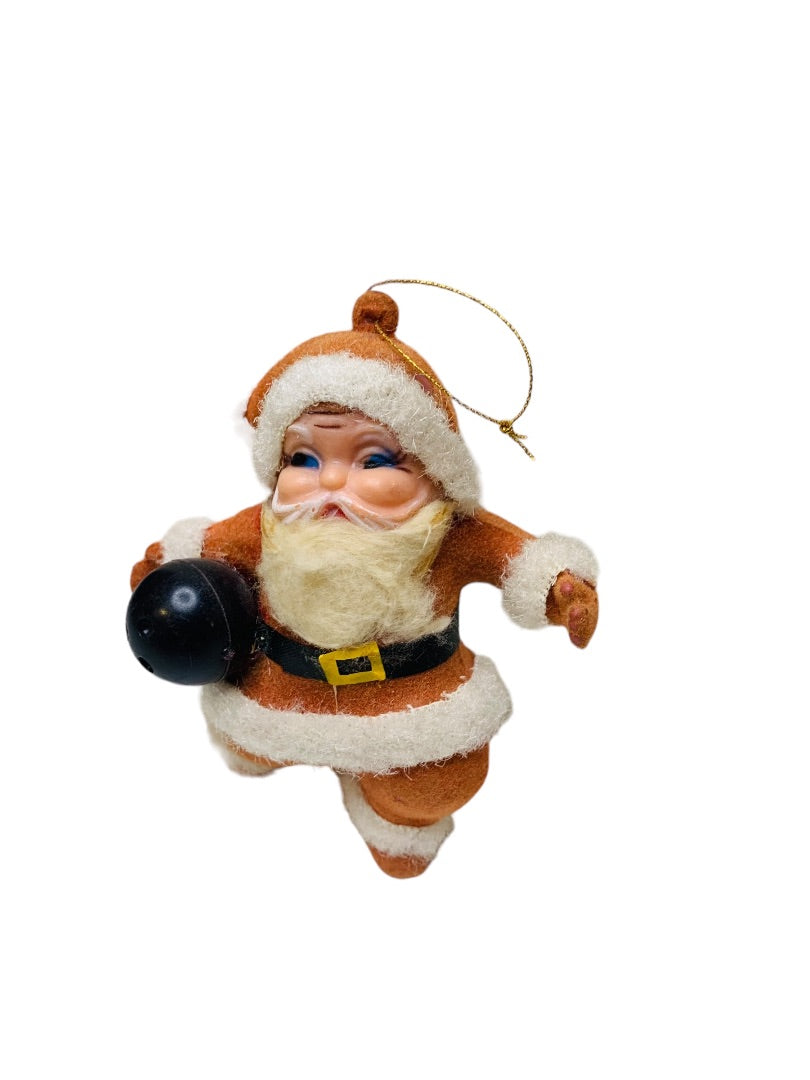 Midcentury Flocked Plastic Ornament Bowling Santa 4" Kitsch Christmas