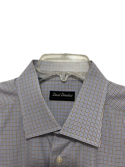 17.5 (32/33) David Donahue Mens Button Up White Blue Brown Dress Shirt