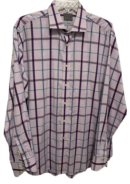 XL Thomas Dean 100% Pima Cotton Mens Plaid Dress Shirt Purple Long Sleeve