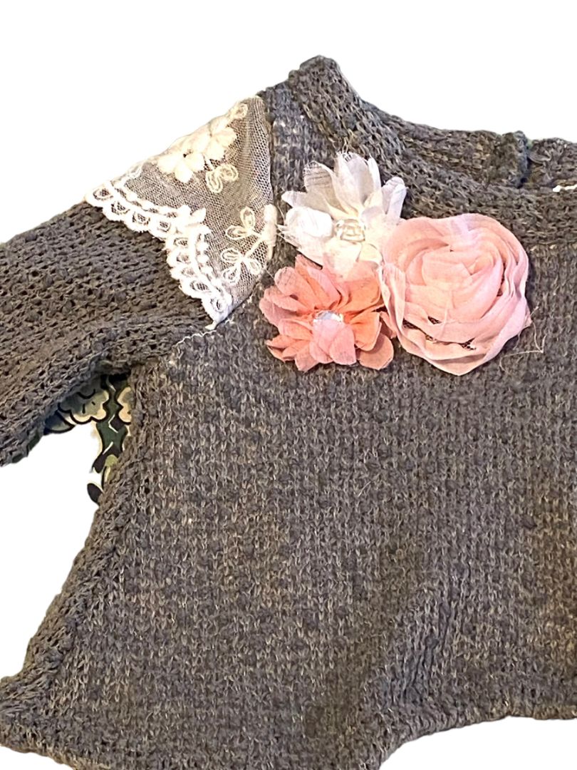 3-6 Months Rare Edition Gray Layered Sweater Lace Trim Flower Embellished