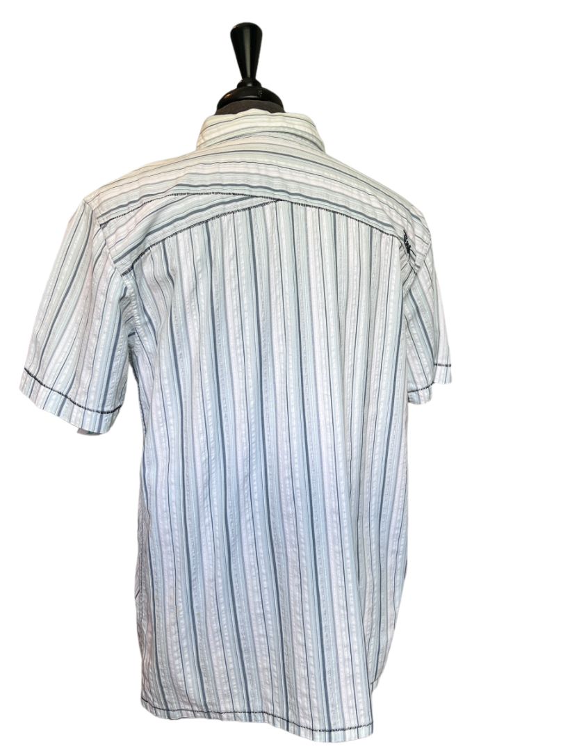 Size Large Prana Short Sleeve Bold Stitch Seersucker Striped Button Down Shirt Men's Blues White