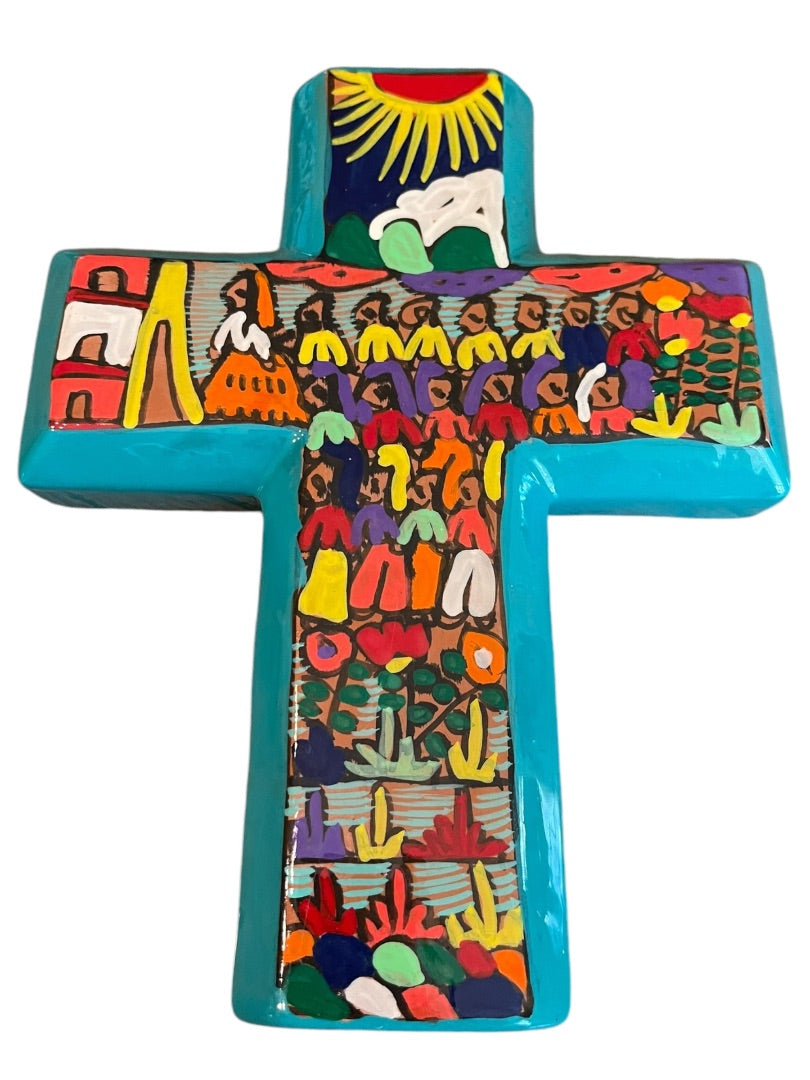 Glazed Art Pottery Hand Painted Cross Wall Vase Mexico