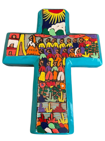 Glazed Art Pottery Hand Painted Cross Wall Vase Mexico