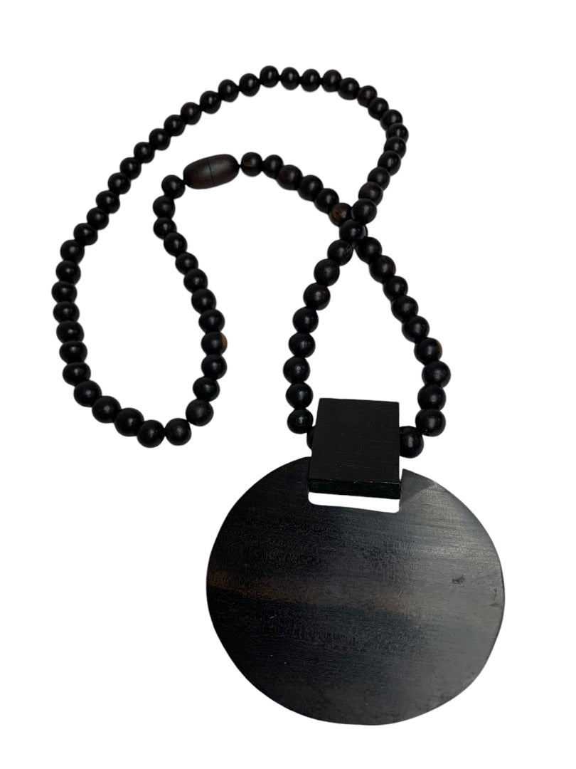 Vintage Wooden Beaded Pendant Statement Necklace Boho Style 30" Overhead No Clasp